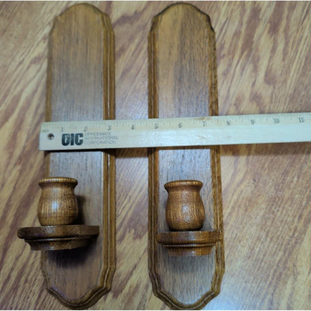 Vintage Wood Wall Sconce Candle Holders Pair 14”